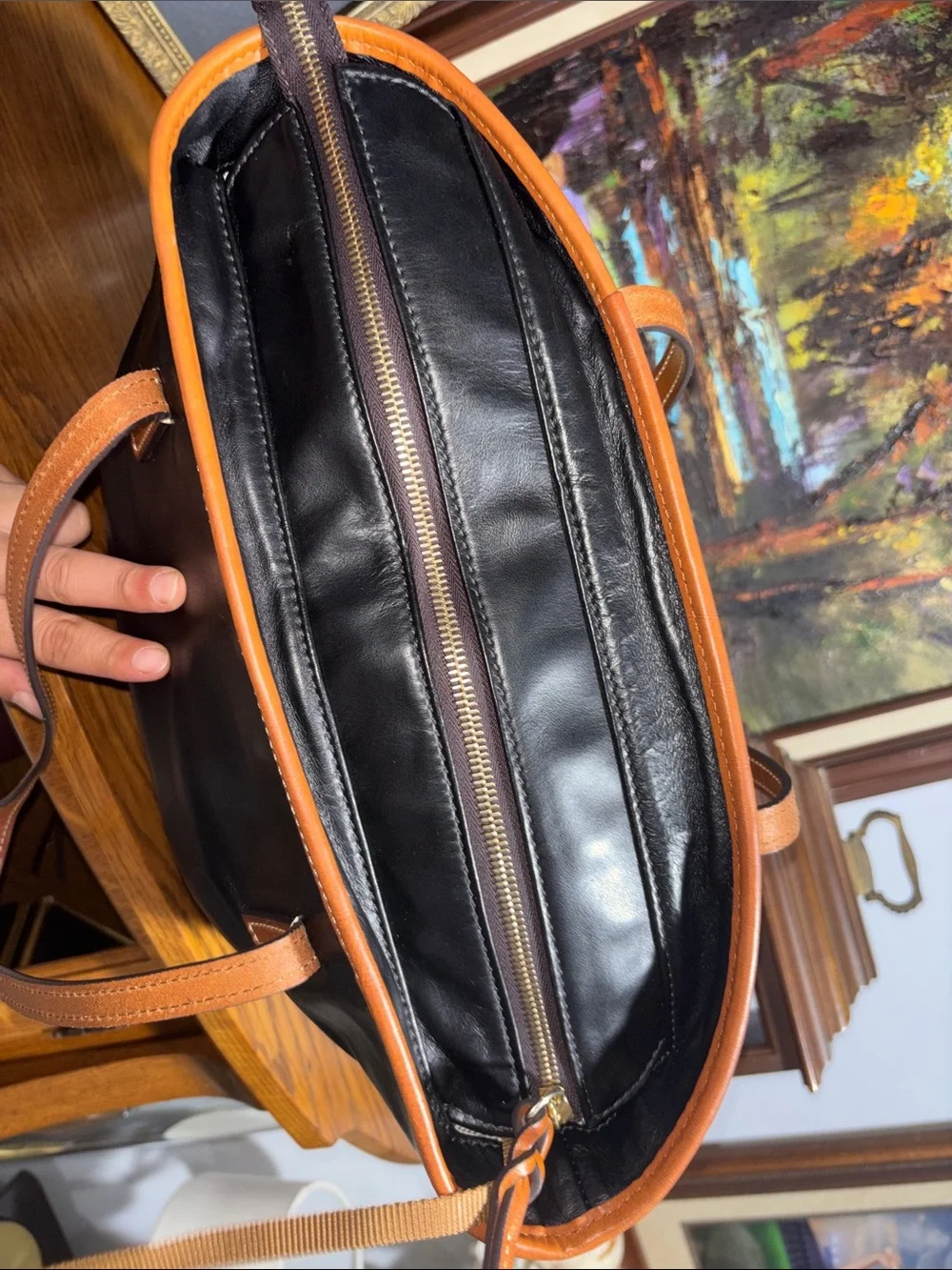 Dooney & Bourke Black Leather Tote with Tan Trim and Handles